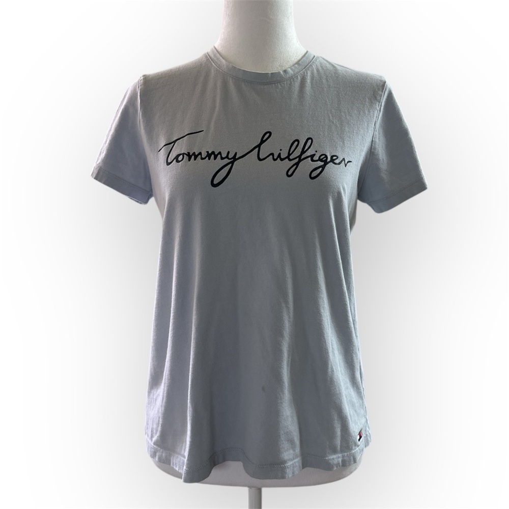 Tommy Hilfiger Women’s Light Blue Crew Neck Logo T-Shirt 100% Cotton, Size S/P